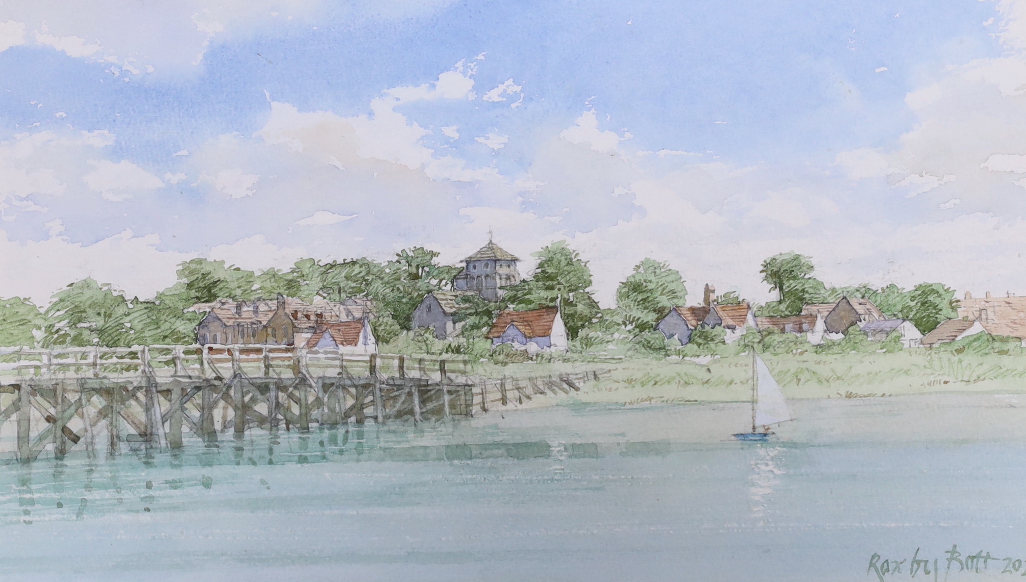 Dennis Roxby Bott RWS (b.1948) watercolour, Wooden bridge at Shoreham, signed and dated 2023, inscribed RWS - Home Exhibition label verso, 19 x 31cm
